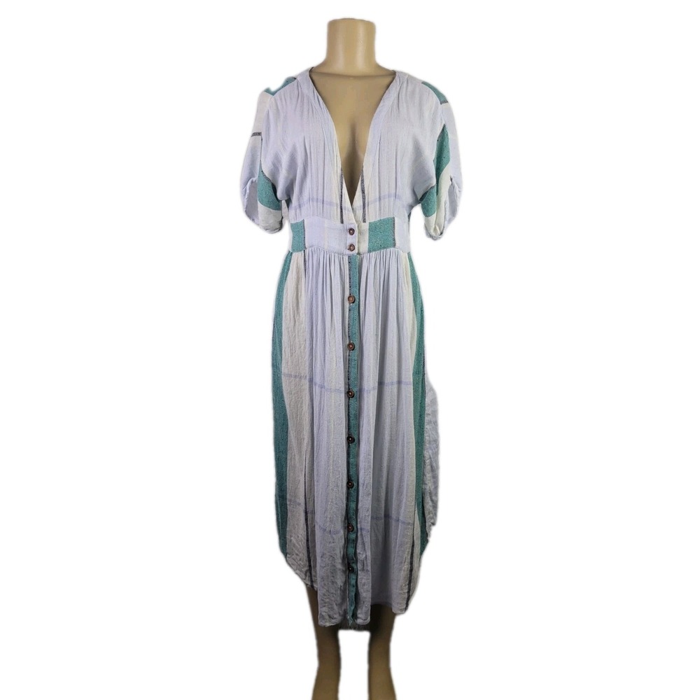 Oneill Reid Striped Midi Dress White Green Button Short Sleeve Sz M Coastal